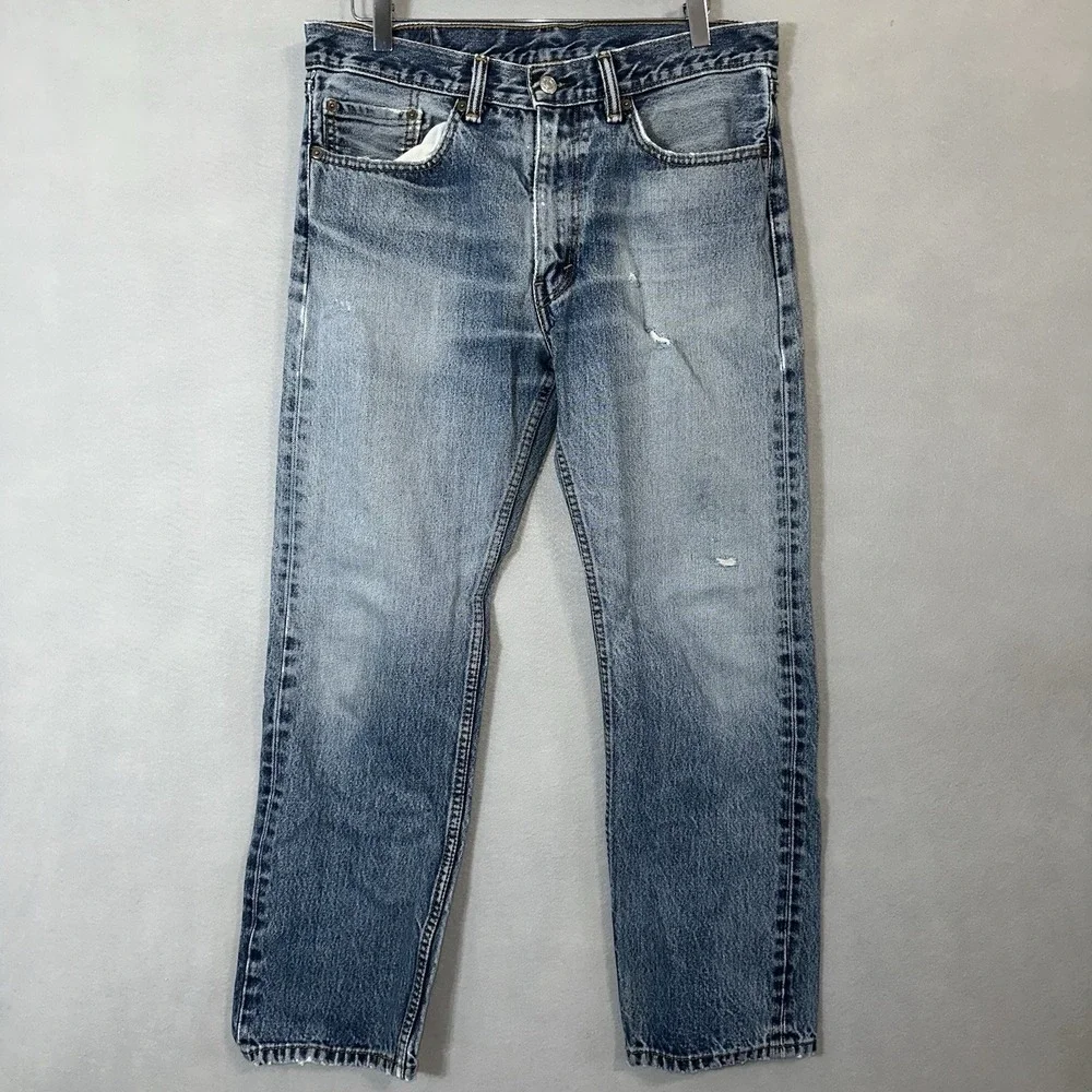 Levis 505 Jeans Mens Size 33x30 ( Fits 33x28) Blue Distressed Nice Fade Casual